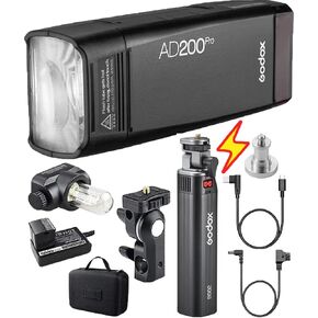 GODOX AD200 Pro AD200Pro 200Ws 2.4G Flash Strobe, Speedlight 1/8000s HSS, 500 Full Power Flashes, 0.01-1.8s Recycling with Godox BG02 Battery Handle Grip 6600mAh 95Wh Extended Power Handgrip
