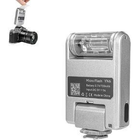 Gugxiom for YONGNUO YN6 Mini Hot Shoe Flash, GN8 Manual Flash with 4 Power Levels, 105° Rotation & 5600K Color Temp, Type C Rechargeable for DSLR Mirrorless Cameras (Silver)