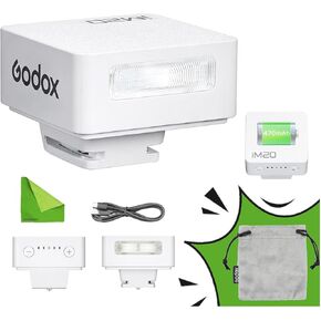 Godox IM20 Mini Flash للكاميرا مع البطارية المدمجة ، Conpact & GN10/470 MAH USB-C الشحن والأحذية الساخنة المتوافقة مع Sony ZVE10 ، ZV1 ، A7III/RICOH GR3 ، GR3X/FUJIFILM F1 ، ليس لـ ZV-1F (أبيض)