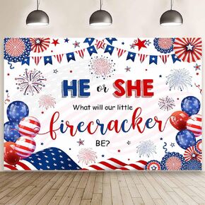 MEHOFOND 7x5ft 4th of July Gender Reveal Backdrop He or She What Will Firecracker Be Photography Background Independence Day Red White and Due Decor Boys or Girls Gender Reveal Banner Photo Props