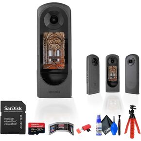 Ricoh Theta X 360 Degree Camera (910844) Bundle Including: 64 GB Memory Card, Memory Card Reader, Card Wallet, Full Cleaning Kit, Flexible Hand Grip