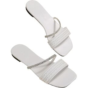 GORGLITTER Women's Glitter Rhinestone Braided Strappy Flats Pu Leather Square Open Toe Slide Sandals
