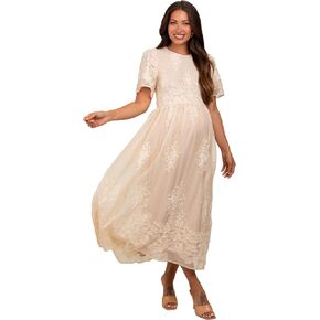 PinkBlush Embroidered Smocked Maternity Midi Dress