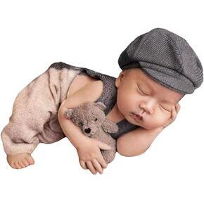Newborn Boy Photoshoot Outfits Gentleman Romper Suits with Hat Baby Photography Props Newborn Suspender Pants with Beret