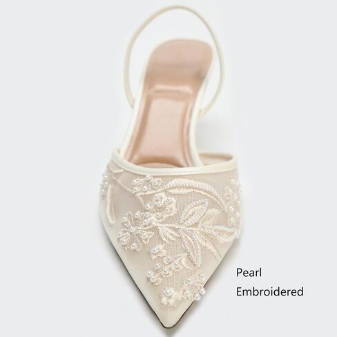 Lymphvity Women's Mesh Embroidered Slingback Heels with Bead Elegant Backless Kitten Heels Pointed Toe Wedding Bridal Dress Pumps Shoes in Kuwait