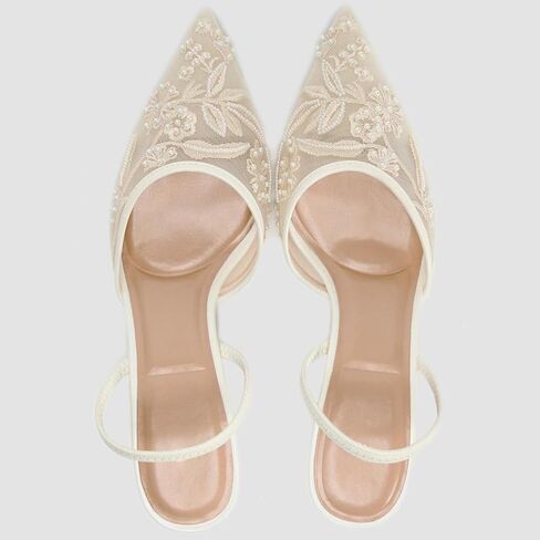 Lymphvity Women's Mesh Embroidered Slingback Heels with Bead Elegant Backless Kitten Heels Pointed Toe Wedding Bridal Dress Pumps Shoes in Kuwait