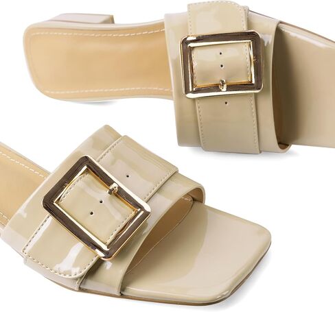 Women's Slide Heeled Sandals Opened Square Toe Chunky Block Heel Slippers with Buckle Slip on Casual Comfortable Pumps in Saudi Arabia