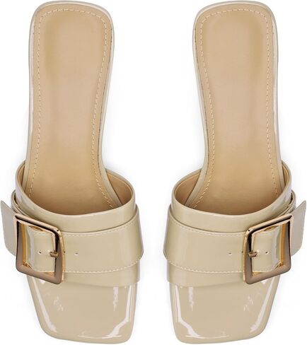 Women's Slide Heeled Sandals Opened Square Toe Chunky Block Heel Slippers with Buckle Slip on Casual Comfortable Pumps in Saudi Arabia