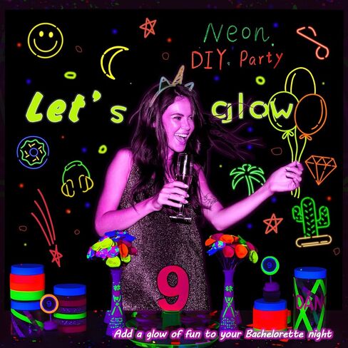 Mega-L Glow in the Dark Party Supplies ، زخارف الحفلات Neon DIY مع 4 أقلام ملونة الفلورسنت ، دعنا نتوهج خلفية تصوير عيد ميلاد غرافيوف جرازيف أسود صور (7.8 × 6.8 قدم) in Kuwait