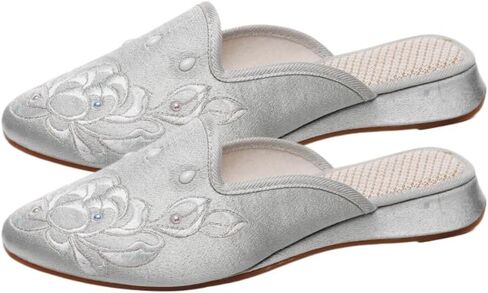 Premium Luxury Satin Silk Flower Embroidery All Seasons Comfort Women's House Slippers Non Slip Indoor Soft Home Slip On Shoes in Saudi Arabia