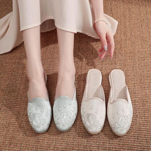 Premium Luxury Satin Silk Flower Embroidery All Seasons Comfort Women's House Slippers Non Slip Indoor Soft Home Slip On Shoes in Saudi Arabia