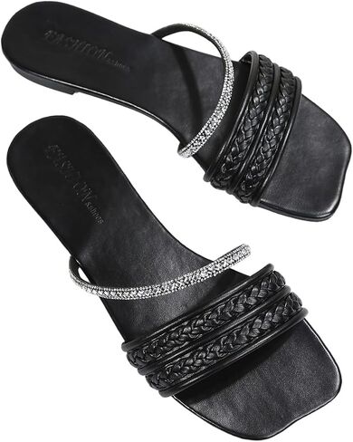 GORGLITTER Women's Glitter Rhinestone Braided Strappy Flats Pu Leather Square Open Toe Slide Sandals in Saudi Arabia