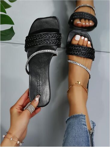GORGLITTER Women's Glitter Rhinestone Braided Strappy Flats Pu Leather Square Open Toe Slide Sandals in Saudi Arabia