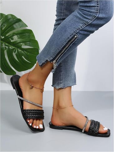 GORGLITTER Women's Glitter Rhinestone Braided Strappy Flats Pu Leather Square Open Toe Slide Sandals in Saudi Arabia