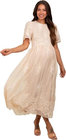 PinkBlush Embroidered Smocked Maternity Midi Dress in Saudi Arabia