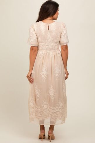 PinkBlush Embroidered Smocked Maternity Midi Dress in Saudi Arabia
