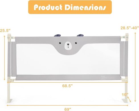 HONEY JOY Bed Rail for Toddlers, 57-in Extra Long, Portable Safety Bed Guardrail w/Double Safety Child Lock, Foldable Baby Bed Rail Guard, Fit King & Queen Full Twin Size Bed Mattress (57 INCH, Gray) in Saudi Arabia