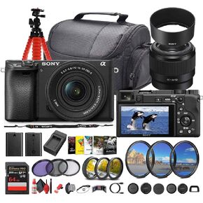 Sony a6400 Mirrorless Camera with 16-50mm f/3.5-5.6 II Lens (Black) (ILCE6400KB) + Sony FE 50mm Lens + Photography Software + 64GB Memory Card + NP-FW50 Battery + Camera Bag + Charger + More (Renewed)