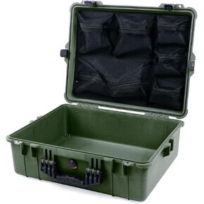 Pelican 1600 Case by ColorCase - OD Green - Large Size Waterproof Case with Mesh Lid Organizer - Yellow Handle & Latches