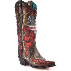 CORRAL LADIE'S OLADIE'S GOLADIE'S-BLACK-RED HEART STARS AND STRIPES & EMBROIDERY & STUDS & OVERLAY & INLAY, LEATHER SOLE, COWHIDE LEATHER, WESTERN BOOTS, Z5236