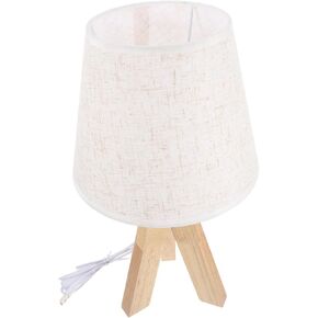 HOMSFOU Small Wooden Tripod Table Lamp with Fabric Shade Modern Nightstand Lighting for Bedroom Girl Room USB Charging Night Light Function Compact Design