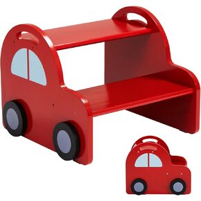 Wooden 2 Step Stool for Toddlers|Red Car Kids Stool with Handle and Non-Slip Sticker,Safety Bathroom Sink Stepstool for Boys & Girls,Children Foot Stool for Kitchen, Bedroom,and Toilet Training