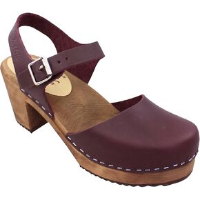 السويدية Highwood High Heel Clog Sandal للنساء | ماري جين سدادات خشبية مصنوعة يدويا في السويد | البني ألدر القاعدة الخشبية والجلد الأصلي | الباذنجان
