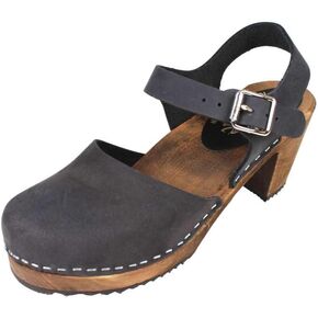 السويدية Highwood High Heel Clog Sandal للنساء | ماري جين سدادات خشبية مصنوعة يدويا في السويد | قاعدة خشبية بني ألدر وجلد نوبوك تزين | أسود