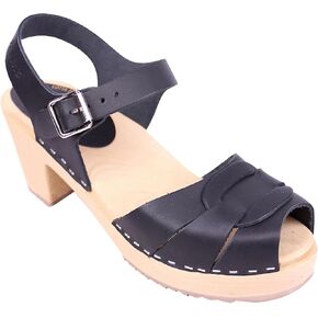 Classic Swedish Clogs - Peep Toe Black Leather Clogs for Women | Comfy Shoes with Shaped Footbed Handcrafted in Sweden