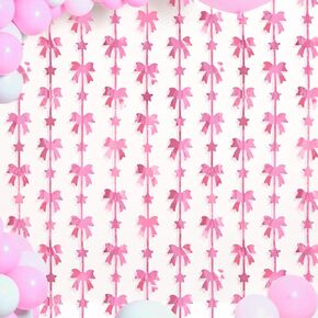 Bow Party Decorations, 2 Pack Pink Coquette Birthday Party Supplies, 3.3 X 6.6 ft Foil Fringe Curtains, Pink Bow Photo Booth Props Backdrop for Girls, Baby Pink, Bridal Shower Party Decor