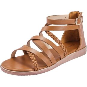 YEOJOU Gladiator Sandals for Women Strappy Leather Flat Sandals Open Toe Ankle Strap Back Zipper Comfortable Dressy Summer Shoes