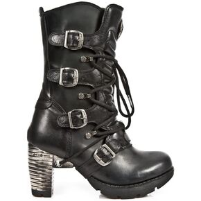 New Rock Boots TR003-S1 Ladies Metallic Black Leather Biker Heel Goth Punk Shoes Ankle Fashion Boots