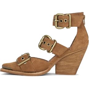 Pointed Toe Chunky Heels for Women Metal Buckle Strappy Medium Thick Wedge Western Stacked Heel Sandals