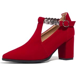 Women's Ankle Strap Suede Pumps Red Pointed Toe Chunky T-Strap Cut Heels Buckle Shoes