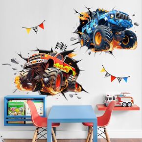 3D Crazy Racing Wall Decals, Truck Vehicles Wall Stickers Peel and Stick Decal Self Adhesive Sticker for Boys Kids Room Home Decor