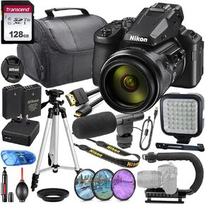 Nikon COOLPIX P950 Digital Camera MFR #26532 Video Making Bundle + 128GB High Speed V30 Memory LED Light, Microphone, U-Bracket Bag, HD Filters & More (Renewed), Black