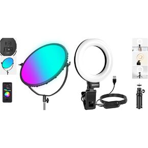 NEEWER GR18C 18" RGB LED Round Panel Video Light with APP Control, 65W with BR60 5" Ring Light with Clip & Mini Tripod, 10W 3000k-6000K Dimmable Clip on Light for Phone Laptop Computer Monitor