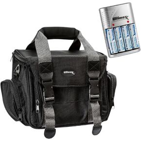 Ultimaxx Medium Padded Gadget Bag & 4-Port Charger Bundle for Sony, Nikon, Canon, Olympus Cameras. Includes 4 AA 3150mAh Ni-MH Rechargeable Batteries for long-lasting power on the go.