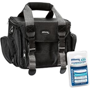 Ultimaxx Medium Fully Padded Gadget Bag with Dual Buckles for Sony, Nikon, Canon, Olympus, Pentax, Panasonic & More + 4 AAA 1100mAh NiMH Rechargeable Batteries for SLR Cameras & Camcorders.