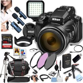 Nikon COOLPIX P1100 Superzoom Digital Camera | 125x,16 MP 4K Video + 128GB Extreme Memory, Wireless Lavalier Microphones, Filters, Case, Tripod, Software, and More (Content Creator Bundle) (Renewed)