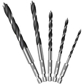 Brad Point Wood Drill Bit Set – High-Speed Steel with 1/4" Hex Shank – Precision Drilling for Hardwood, Softwood, Plywood, and MDF – Quick-Change Design for Power Drills (5-Piece)