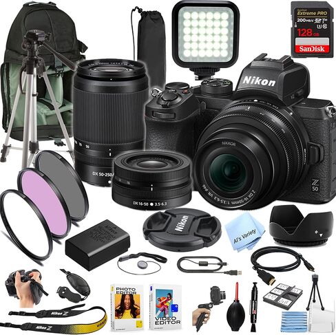 Nikon Z50 Digital Digital Camera W/Nikkor Z 16-50 مم و 50-250 مم + ذاكرة متطرفة 128 جيجابايت ، مصباح LED ، مرشحات ، حالة حبال ، جراب قبضة ، وأكثر من ذلك (حزمة صور محترفة) (متجددة) in Kuwait