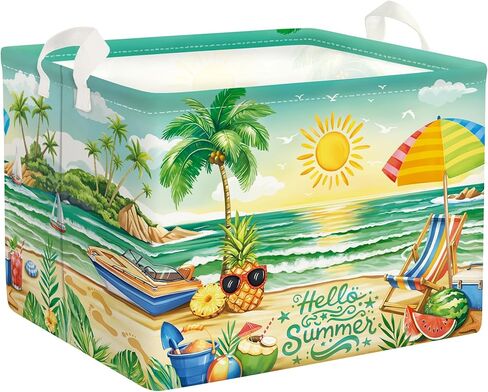 Summer Tropical Beach Storage Basket Collapsible Clothes Kid Laundry Hamper Palm Tree Large Picnic Basket Boy Girl Book Toy Box Bin, Green, 36L in Kuwait