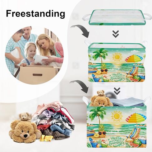 Summer Tropical Beach Storage Basket Collapsible Clothes Kid Laundry Hamper Palm Tree Large Picnic Basket Boy Girl Book Toy Box Bin, Green, 36L in Kuwait