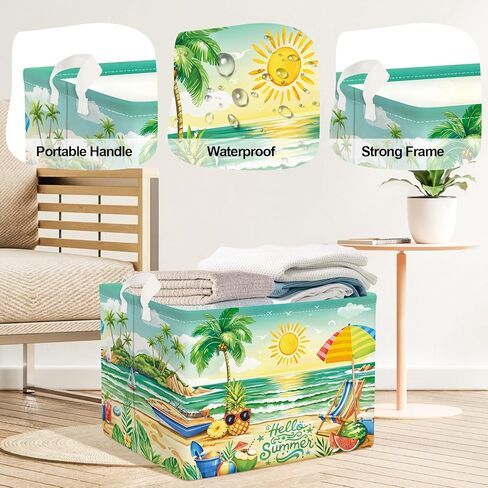 Summer Tropical Beach Storage Basket Collapsible Clothes Kid Laundry Hamper Palm Tree Large Picnic Basket Boy Girl Book Toy Box Bin, Green, 36L in Kuwait