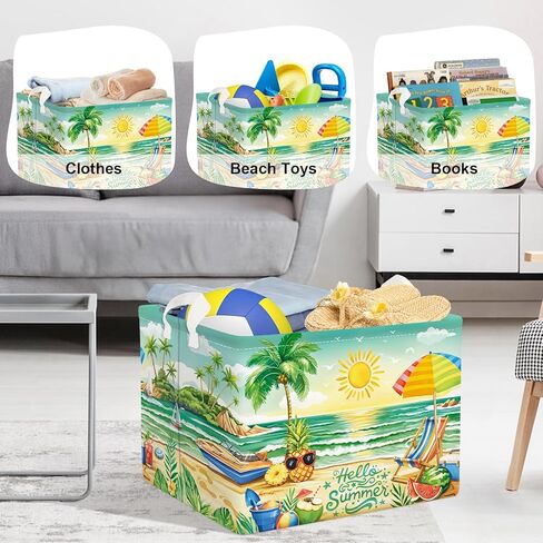 Summer Tropical Beach Storage Basket Collapsible Clothes Kid Laundry Hamper Palm Tree Large Picnic Basket Boy Girl Book Toy Box Bin, Green, 36L in Kuwait