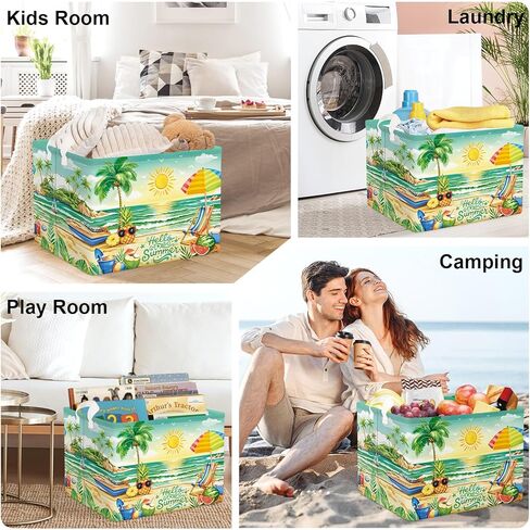 Summer Tropical Beach Storage Basket Collapsible Clothes Kid Laundry Hamper Palm Tree Large Picnic Basket Boy Girl Book Toy Box Bin, Green, 36L in Kuwait