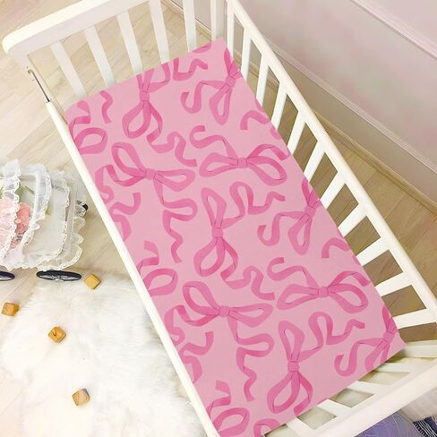 Baby Crib Sheets Pink Bow on Light Crib Sheets for Boys Girls,Neutral Bassinet Toddler Bed Play Sheets Breathable Soft and Portable 52 * 28 * 9in in Saudi Arabia