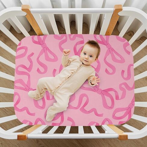 Baby Crib Sheets Pink Bow on Light Crib Sheets for Boys Girls,Neutral Bassinet Toddler Bed Play Sheets Breathable Soft and Portable 52 * 28 * 9in in Saudi Arabia