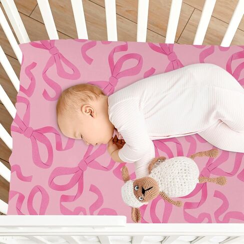 Baby Crib Sheets Pink Bow on Light Crib Sheets for Boys Girls,Neutral Bassinet Toddler Bed Play Sheets Breathable Soft and Portable 52 * 28 * 9in in Saudi Arabia